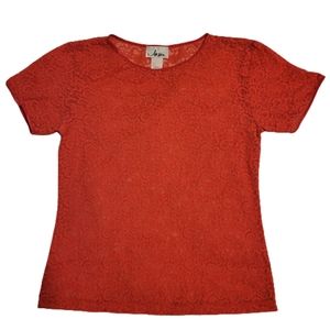 Josie women's red lace see-through short-sleeved crew neck blouse size small
